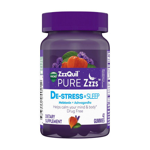 ZzzQuil PURE Zzzs De-Stress and Sleep Gummies, Melatonin Plus Ashwagandha Blackberry Vanilla, 42 Ea